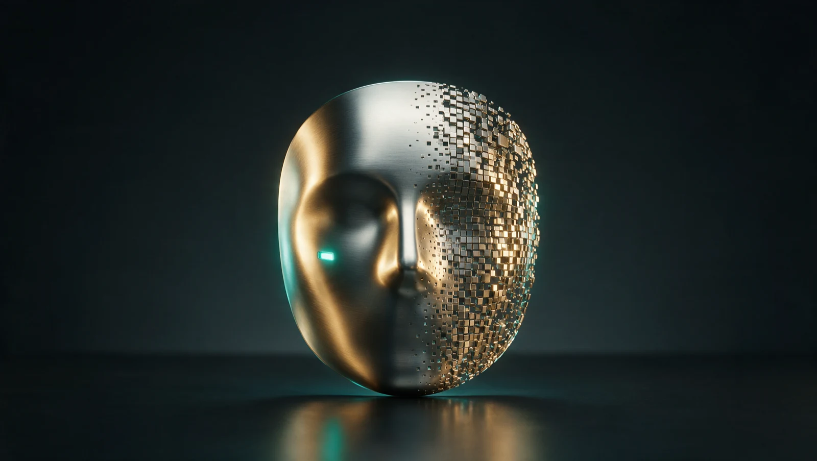 A brushed-steel featureless mask dissolving on one side into a grid of gold metallic pixels with a small teal indicator light, representing a synthetic or deepfake identity.
