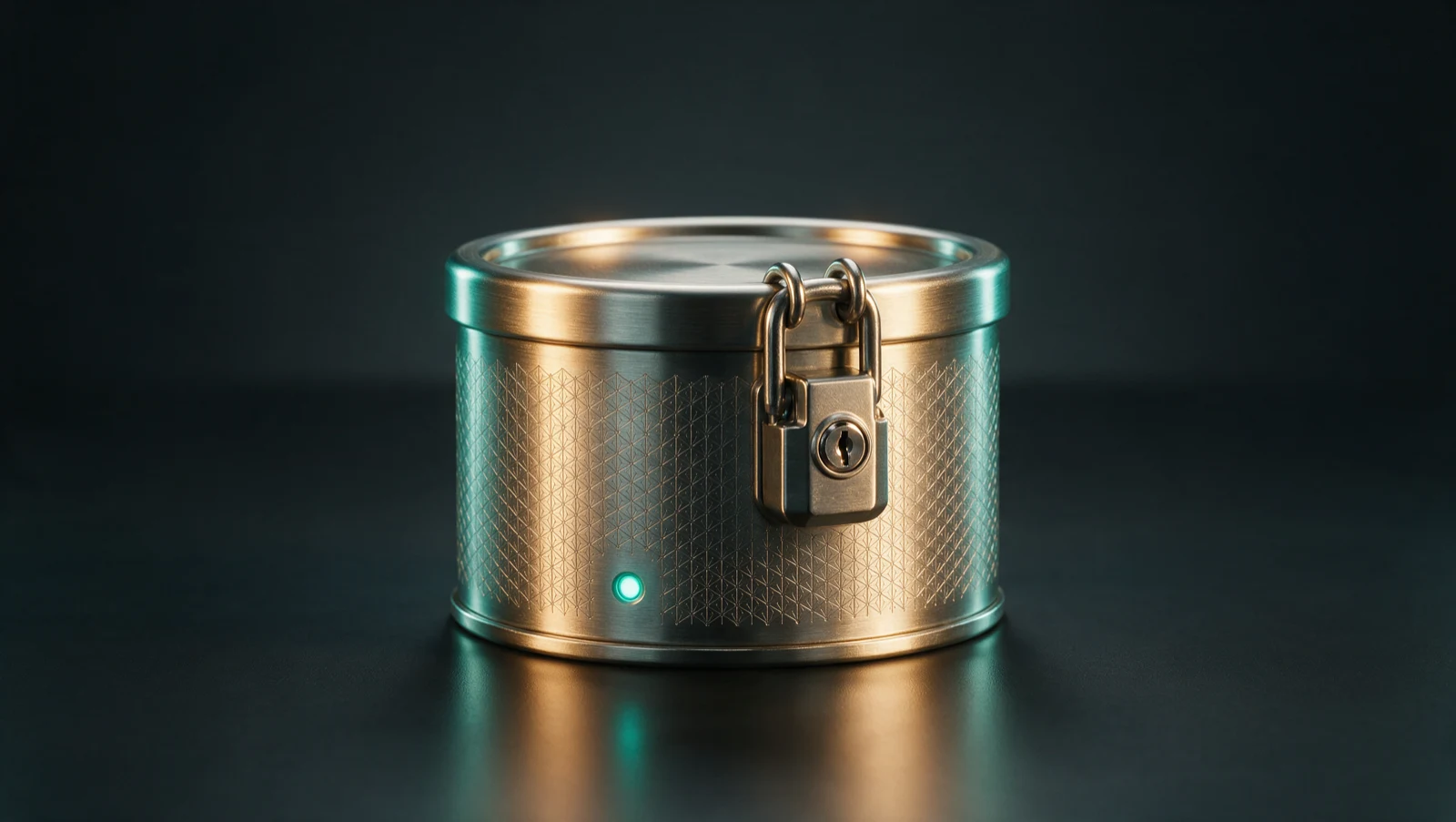 A sealed brushed-steel archival data canister etched with a crystalline lattice pattern and a teal indicator, representing encrypted payment data archived today and post-quantum lattice cryptography.