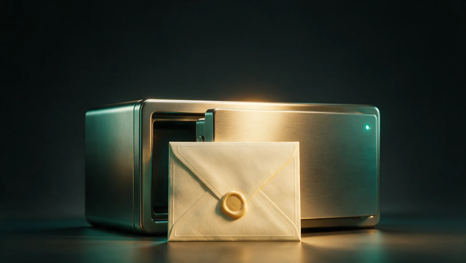 A brushed-steel trust-account safe with a wax-sealed envelope in front of it, representing verification before settlement funds are disbursed.