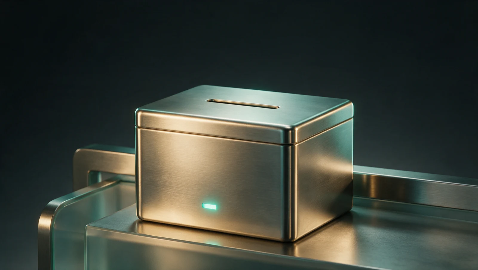 A brushed-steel donation strongbox with a coin slot, representing payment controls that protect donor money.