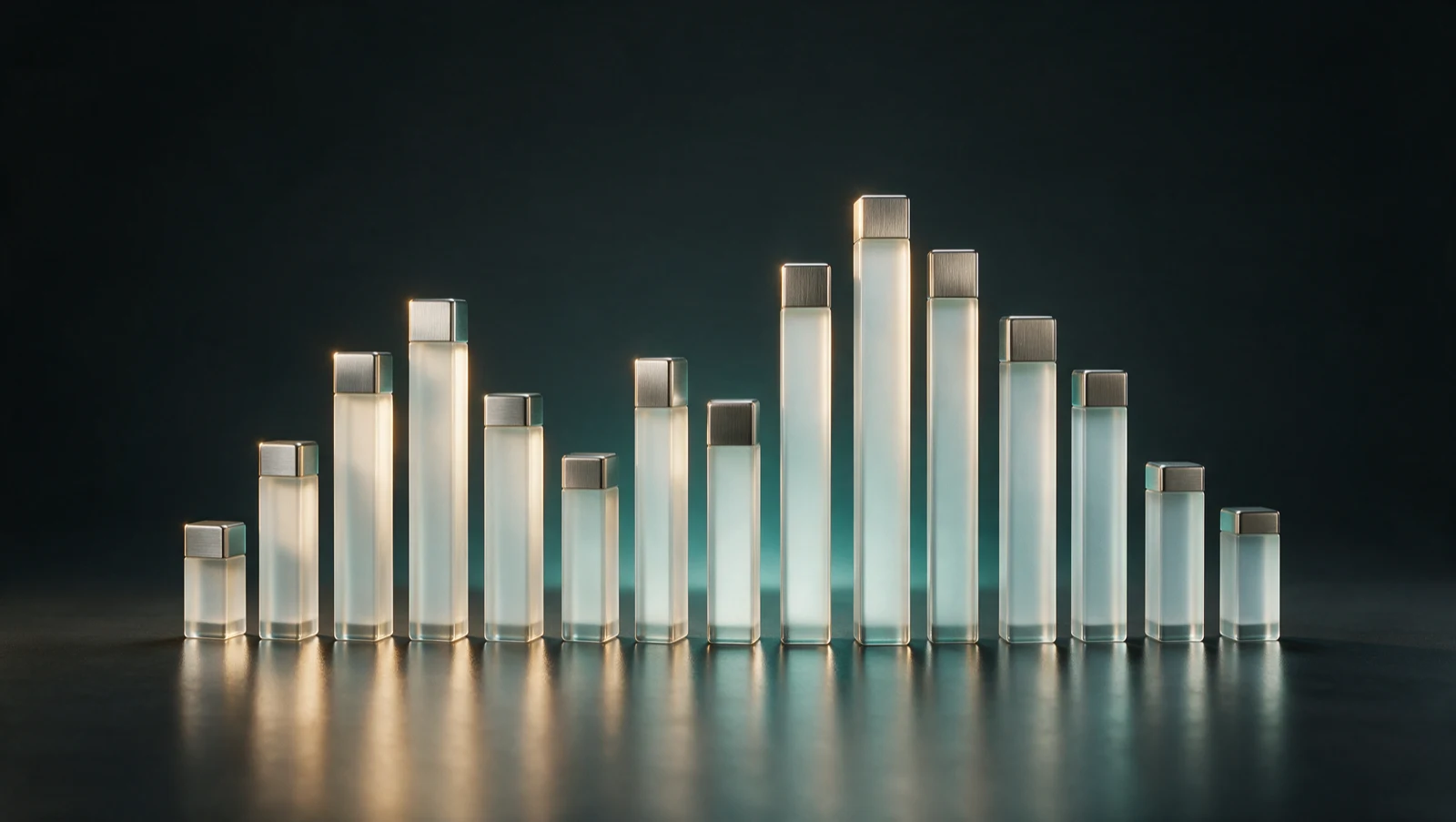 A row of frosted-glass and brushed-steel bars of varying heights, like a league table of payment fraud losses by industry, lit in gold and teal.