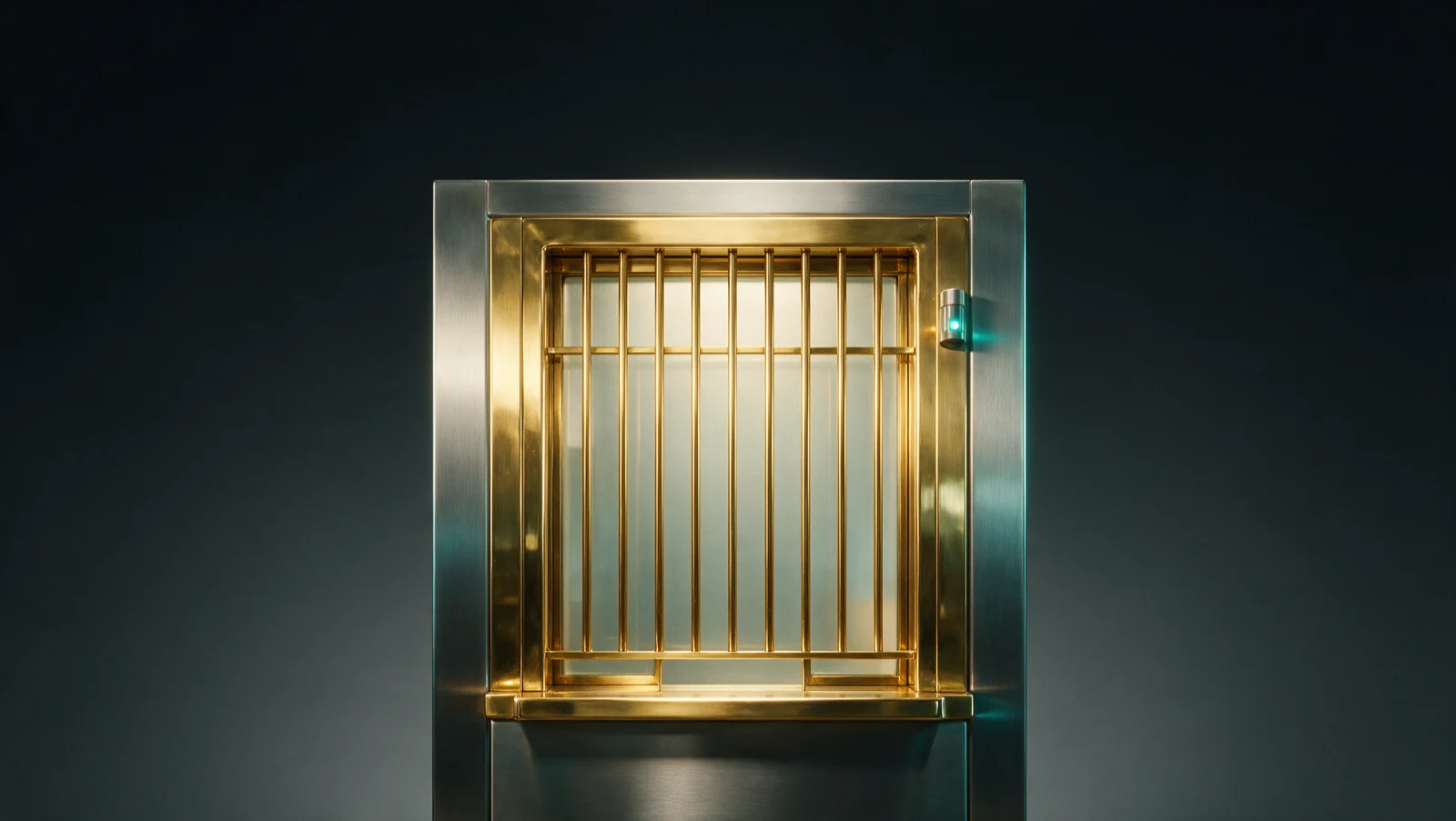 A polished brass institutional paymaster window with a security grille, representing verification of public-fund payments before they are released.