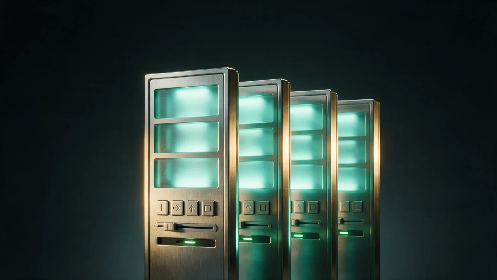 Four layered brushed-steel and glass control panels lit in gold and teal, representing the four control layers compared against supplier impersonation.