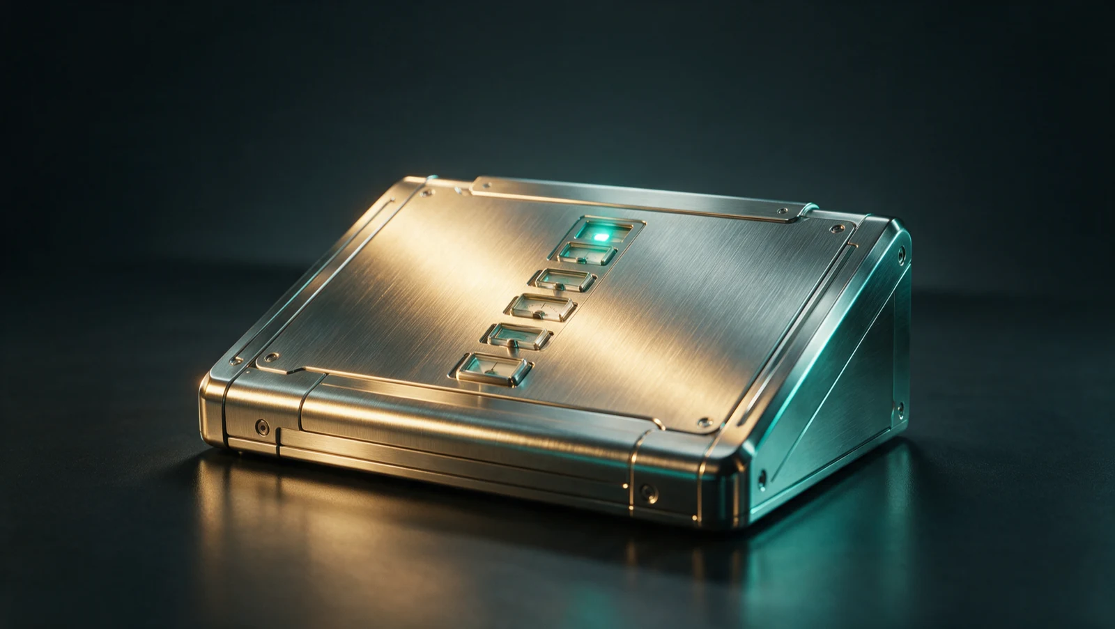 A brushed-steel evaluation console with a row of inset indicator gauges, one lit teal to mark a passing criterion, representing a buyer evaluating wire fraud prevention software against clear criteria.