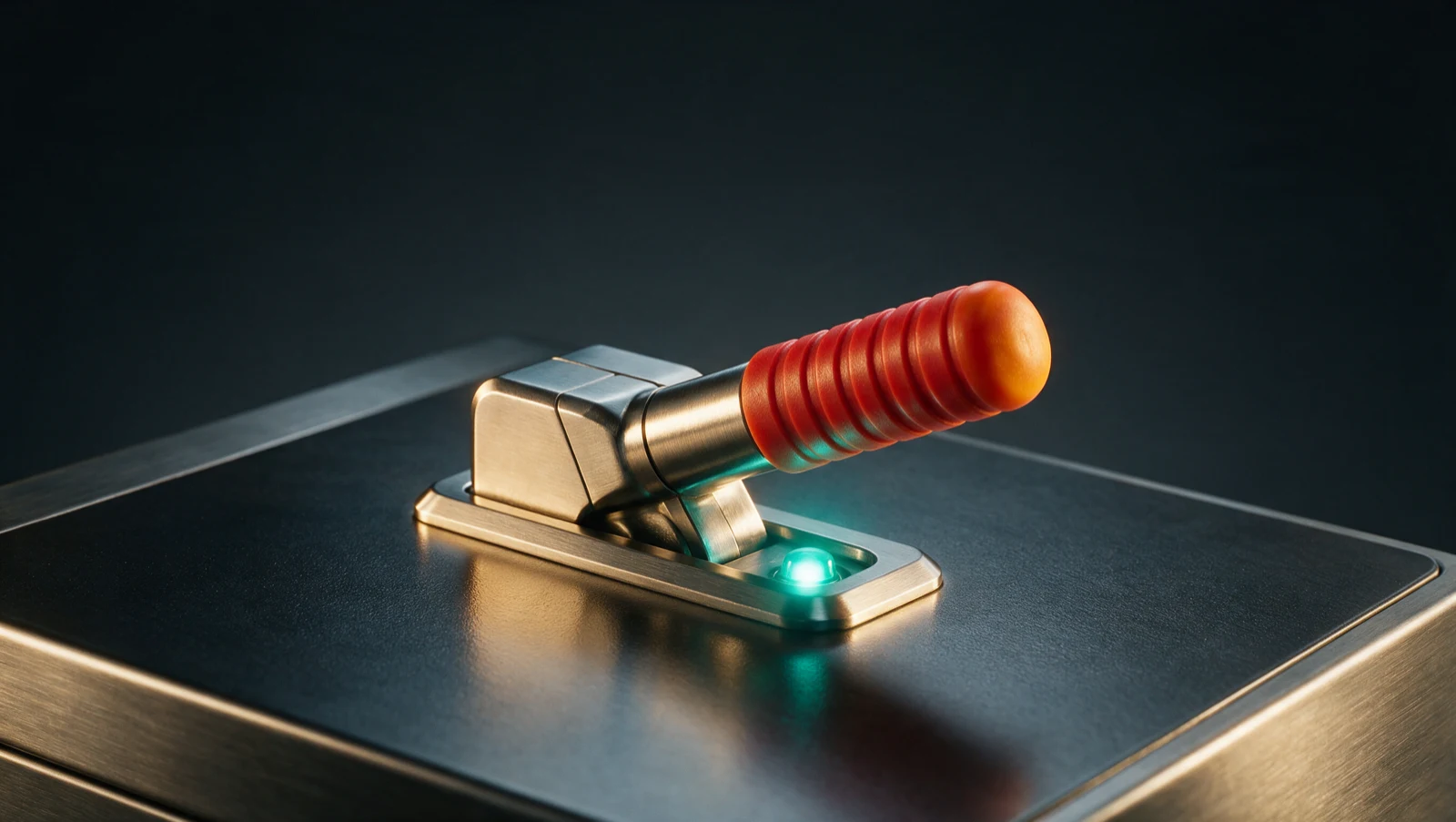A brushed-steel emergency recall lever mid-pull with a teal indicator, representing the urgent, time-critical recall of funds in the first hours after a wire fraud.